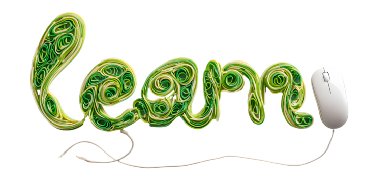 Green noodles creatively form the word learn with a matching computer mouse on a clean background