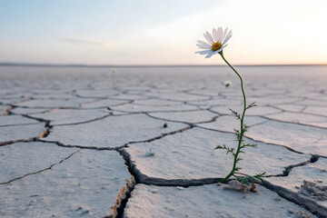 White daisy sprouting from cracked dry ground