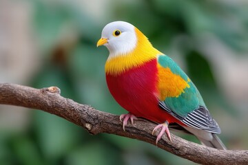A vibrant bird with multicolored plumage sits on a branch, surrounded by greenery. Ideal for nature and wildlife themes.
