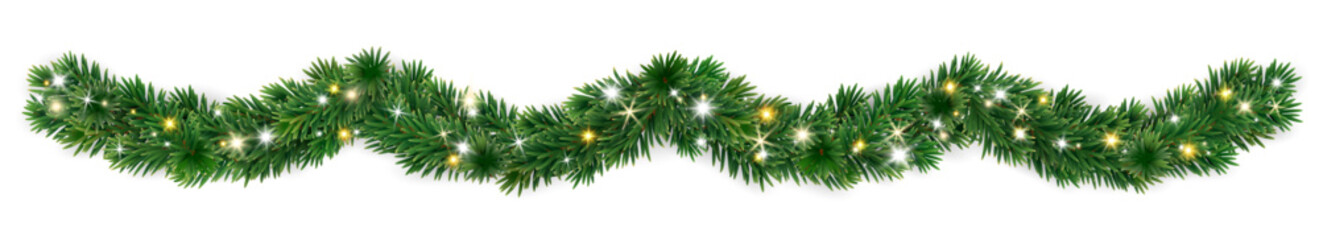 Wavy Christmas garland made of green fir branches with shiny sparkling lights. Perfect festive border for banners, invitations, and cards. Transparent background in vector file.