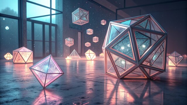 A futuristic composition showcasing floating 3D cubes and prisms in a high-tech environment with glowing lights and metallic reflections for modern design concepts.