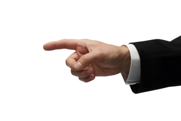 Man hand in suit jacket pointing left isolated on transparent background