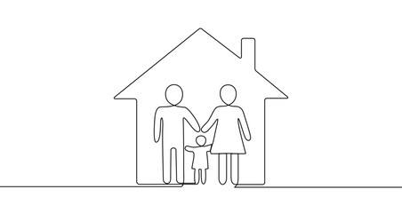 Happy family parents with child in house one line art style. Family drawing with editable black stroke on white background. Vector illustration.
