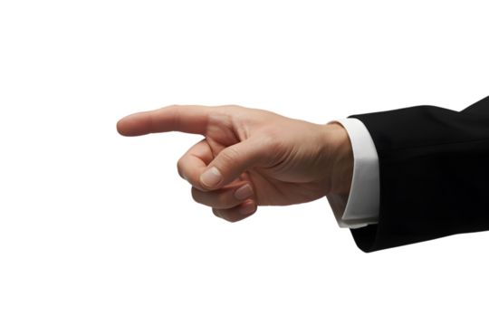 Man hand in suit jacket pointing left isolated on transparent background