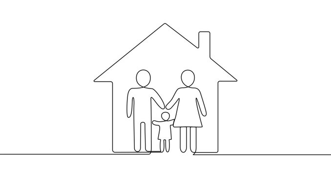 Happy family parents with child in house one line art style. Family drawing with editable black stroke on white background. Vector illustration.