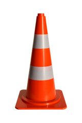 Orange traffic cone with reflective stripes isolated on transparent background