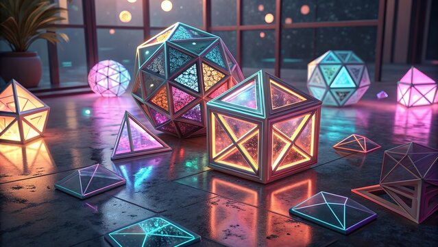 A vibrant 3D geometric composition featuring floating cubes and spheres with glowing reflections and colorful gradients for futuristic visual art.