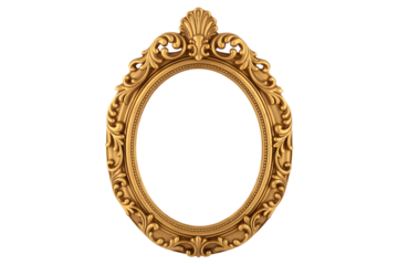 Ornate antique gold oval picture frame isolated on transparent background