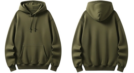 Naklejka premium Khaki green hoodie, front and back views, isolated for design.