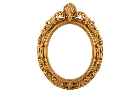 Ornate antique gold oval picture frame isolated on transparent background