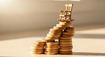 Wooden rocking chair on top of stacked coins, symbolizing retirement planning and financial security