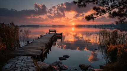 Serene lake landscape at sunrise with wooden pier
