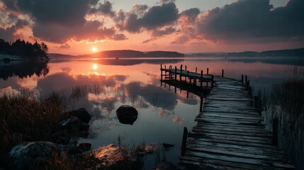 Serene Sunset Over a Tranquil Lake with a Wooden Pier
