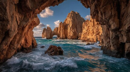 Dramatic Rocky Arch Formations Kissed By Ocean Waves And Sunlight
