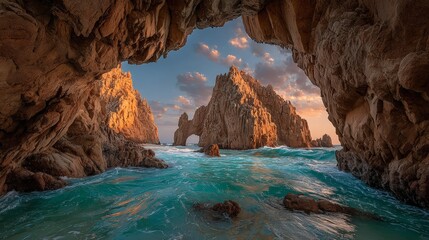 Coastal Rock Formations Bathed in Golden Hour Light