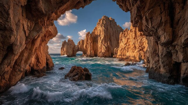Dramatic Rocky Arch Formations Kissed By Ocean Waves And Sunlight