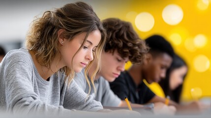 A group of students focused on their studies in a modern classroom setting. The atmosphere is bright and inspiring, promoting concentration and learning.