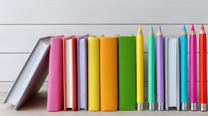 A vibrant arrangement of colorful books and pencils on a wooden surface, ideal for educational or creative themes.