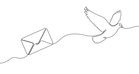 Obraz na płótnie Canvas An envelope tied to a flying dove, drawn with one continuous line. Symbol of mail, message delivery, communication, and peace. Vector illustration.