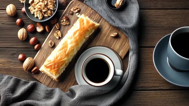 Enjoying a delicious pastry with coffee and nuts in a cozy setting on a wooden table during morning hours