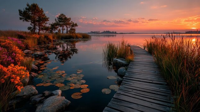 Serene Lakeside Sunrise With Wooden Pier and Wildflowers