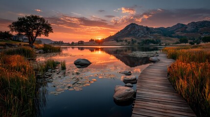 Golden Hour Reflection Over Calm Lake and Mountains