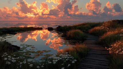Serene Landscape With Reflective Water And Golden Sunset Clouds