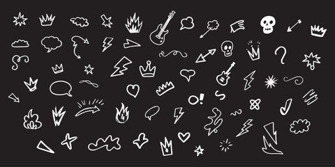 Collection of hand-drawn white doodle icons and symbols on a black background