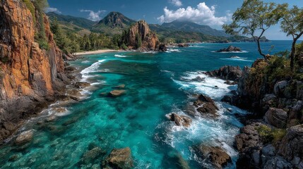 Beautiful Tropical Island Coastline With Turquoise Water and Rocky Shores