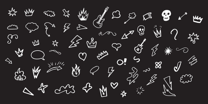 Collection of hand-drawn white doodle icons and symbols on a black background