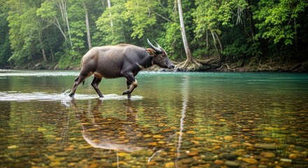 Wild bull crossing a crystal-clear river in the tropical forest of Indonesia