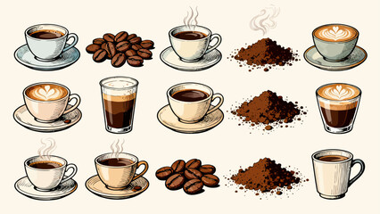A variety of coffee collections, cartoon hand-drawn vector illustrations, lattes, Americano, mocha, Italian coffee, coffee beans, coffee powder, latte art coffee, coffee POTS