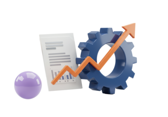 Isometric 3d render of a central polished blue gear and white ledger linked by a fluorescent orange arrow on a bright white background. Concept of rapid financial growth