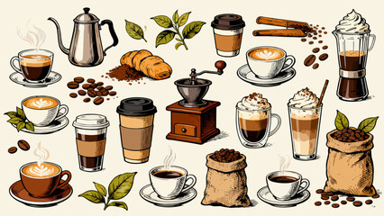 A variety of coffee collections, cartoon hand-drawn vector illustrations, lattes, Americano, mocha, Italian coffee, coffee beans, coffee powder, latte art coffee, coffee POTS