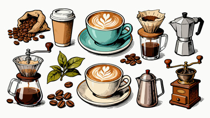 A variety of coffee collections, cartoon hand-drawn vector illustrations, lattes, Americano, mocha, Italian coffee, coffee beans, coffee powder, latte art coffee, coffee POTS