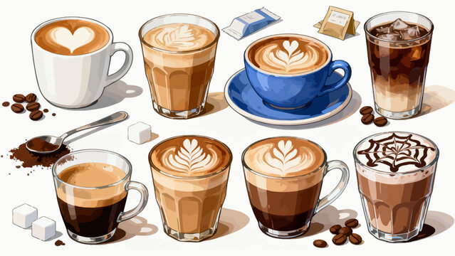 A variety of coffee collections, cartoon hand-drawn vector illustrations, lattes, Americano, mocha, Italian coffee, coffee beans, coffee powder, latte art coffee, coffee POTS