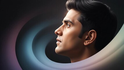 Profile of thoughtful dark-haired man looking down in contemplation