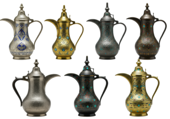 Eight antique metal coffee pots with intricate filigree and gold details in a grid on a white background. Concept of opulence and historical craftsmanship