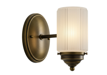 A luxurious art deco wall sconce with antique brass and a frosted fluted glass shade isolated on a transparent background. Concept of vintage interior design