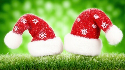 Festive red Santa hats adorned with snowflakes resting on vibrant green grass creating a cheerful, holiday spirit evoking warmth and nostalgia of Christmas celebrations