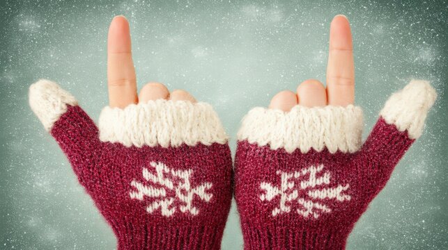 Winter-inspired hand gesture wearing fingerless gloves, showcasing playful attitude against a snowy backdrop captured with clarity