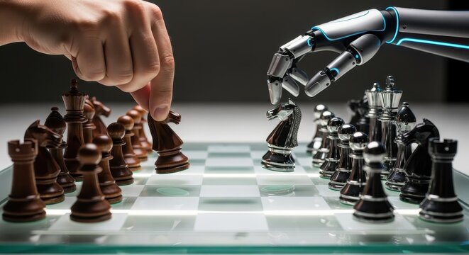 Chess Match: A human hand strategizes against a robotic arm in a tense chess game, a symbol of human versus artificial intelligence. - Powered by Adobe