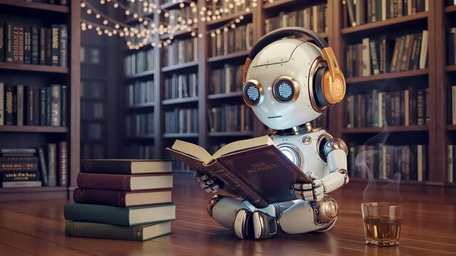 Adorable robot reading a book in cozy library with warm lights and stack of books
