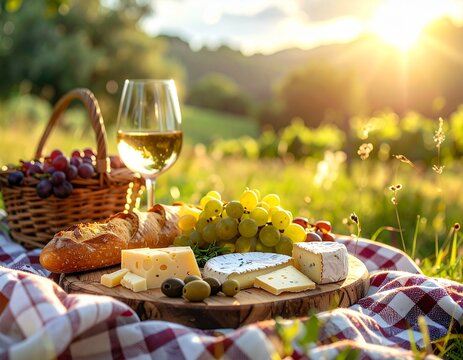 Rustic outdoor picnic setup featuring a cheese board, fresh baguette, grapes, olives and a glass of wine placed on a checkered blanket. Warm natural light and countryside atmosphere