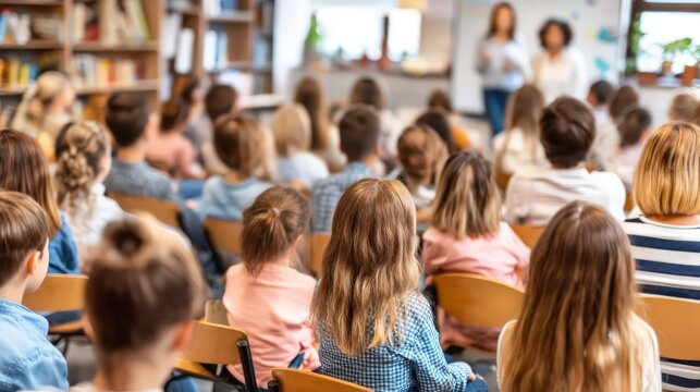 Engaged audience in a classroom setting demonstrating active learning dynamics and collaboration among students while a teacher presents essential information and educational insights