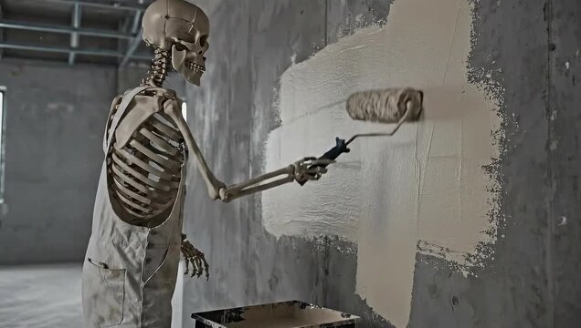 A skeleton painting a wall with a roller. The skeletal figure, clad in a painter's overalls, focuses on the task