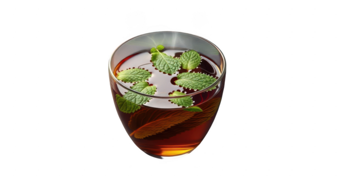 Refreshing iced tea with mint leaves and cinnamon stick in a clear glass isolated on transparent background