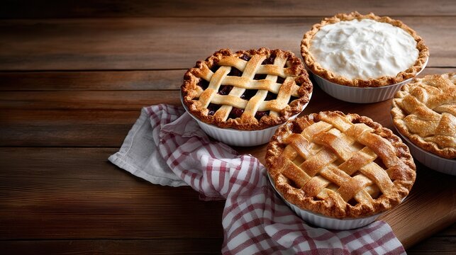 A variety of homemade pies displayed on a rustic wooden table, showcasing different flavors and textures, perfect for dessert lovers.