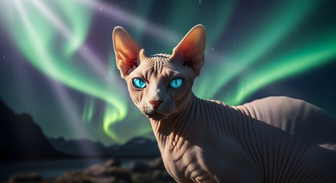 Mystical sphynx cat with electric blue eyes gazes underneath the northern lights
