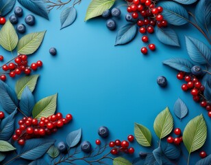 a blue background with berries and leaves
